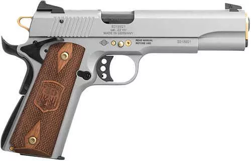 ATI GSG 1911 15 Year Anniversary Edition Full Size Frame 22 LR 10+1 5" Black Threaded Barrel, Frost Gray Serrated Slide, Frost Gray w/Gold Accents Zinc Alloy Frame, Light Wood Grip