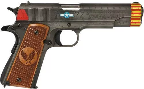 Auto-Ordnance 1911 Red Tails Full Size Frame 45 ACP 7+1 5" Stainless Steel Barrel, Savage Cerakote Serrated Slide, Savage Cerakote Steel Frame w/Beavertail, Custom Engraved Wood Grip