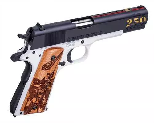 Auto-Ordnance Marines 250th Anniversary Full Size Frame 45 ACP 7+1 5" Stainless Barrel, Midnight Blue Cerakote Carbon Steel Serrated w/Engraving Slide, Stormtrooper White Cerakote Steel Frame w/Beavertail, Custom Engraved Wood Grip