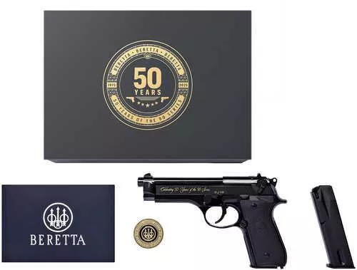 Beretta USA 92SB Repro 50th Anniversary 9mm Luger 15+1 4.90" Blued Barrel, Polished Blued Engraved/Serrated Slide, Polished AFALSEdized Aluminum Frame w/Beavertail, Black G10 Grip