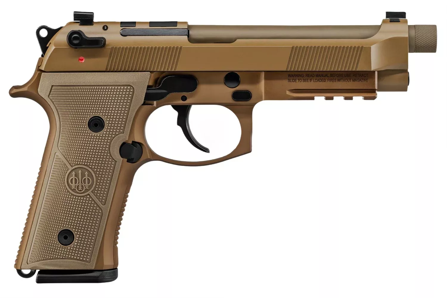 Beretta USA JS92M9A4G M9A49mm Luger 5.10″ Threaded Barrel 10+1, Flat Dark Earth Cerakote Polymer Frame, Serrated Steel Optic Cut Slide, Polymer Grip & Decocker Safety