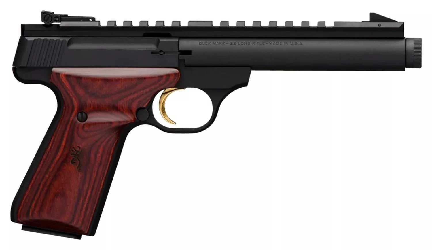 Browning 051527490 Buck Mark Field Target SR 22 LR 10+1 5.50″ Black Threaded Bull Barrel, Matte Black Aluminum Frame, Picatinny Rail Receiver, Laminate Cocobolo Target Grip, Right Hand