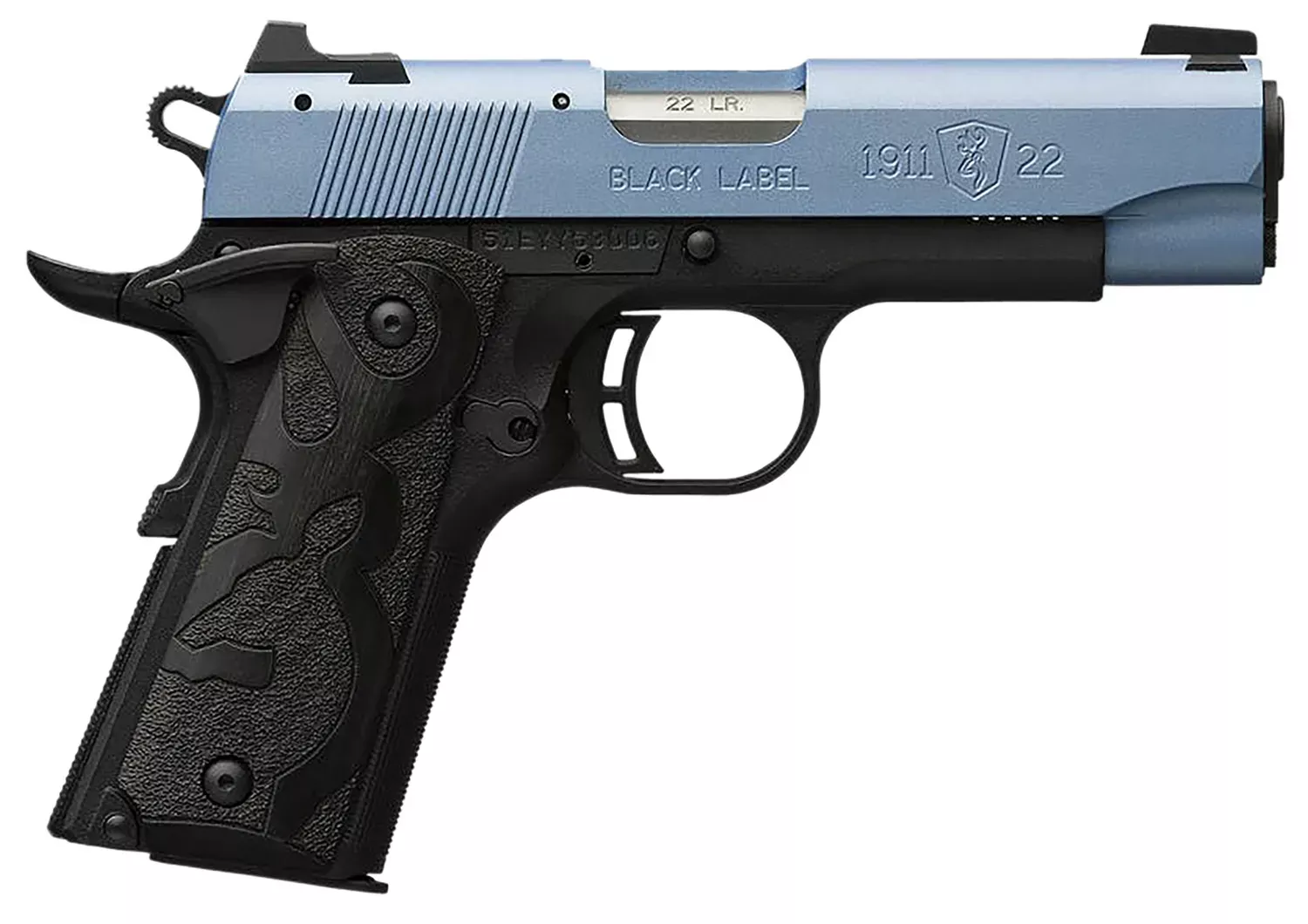 Browning 051898490 1911 Black Label Compact Frame 22 LR 10+1, 3.63″ Matte Stainless Steel Barrel, Polar Blue Cerakote Serrated Slide, Matte Black Polymer Frame W/Beavertail, Black Laminate Wood Grip