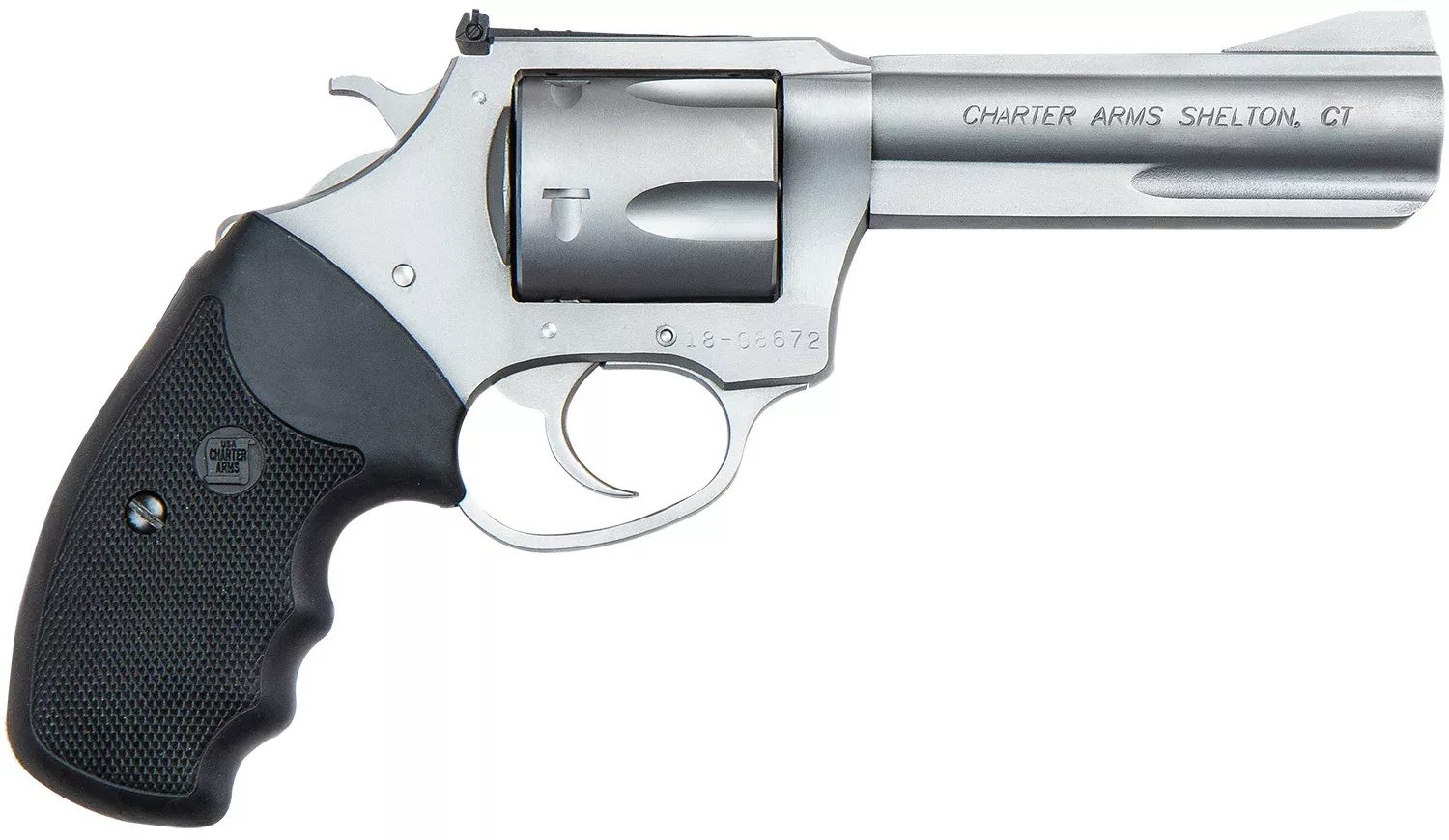 Charter Arms 73542 Mag Pug Target Large 357 Mag, 5 Shot 4.20″ Matte Stainless Steel Barrel, Cylinder & Frame w/Black Finger Grooved Rubber Grip