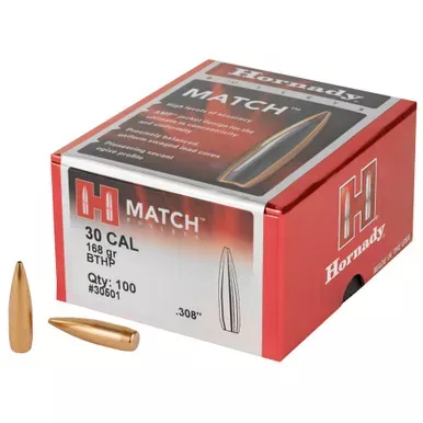 Hornady Match | .308 Diameter | 30 Caliber | 168 Grain | Boat Tail Hollow Point | 100 Count | 30501