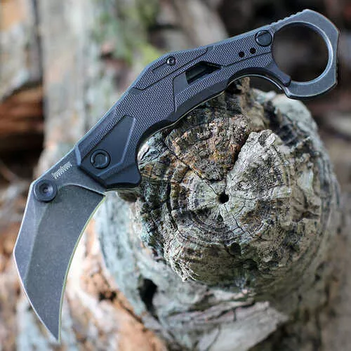 Kershaw Outlier | Assisted Open Folding Knife | 2.6″ Karambit Blade | Plain Edge | 8Cr13MoV Steel | Blackwash Finish | Black Handle | 2064