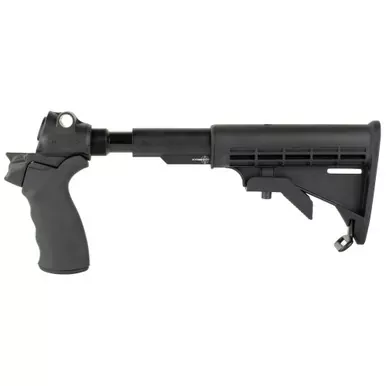 Mesa Tactical LEO Recoil Stock Kit | Stock | Black | Features a lowered stock elevation allowing the use of iron sights or even the bead sight. | Includes LEO Stock Adapter | Standard A2 Collapsible Stock | and Hogue Grip | Mossberg 500 | 590 | 92650
