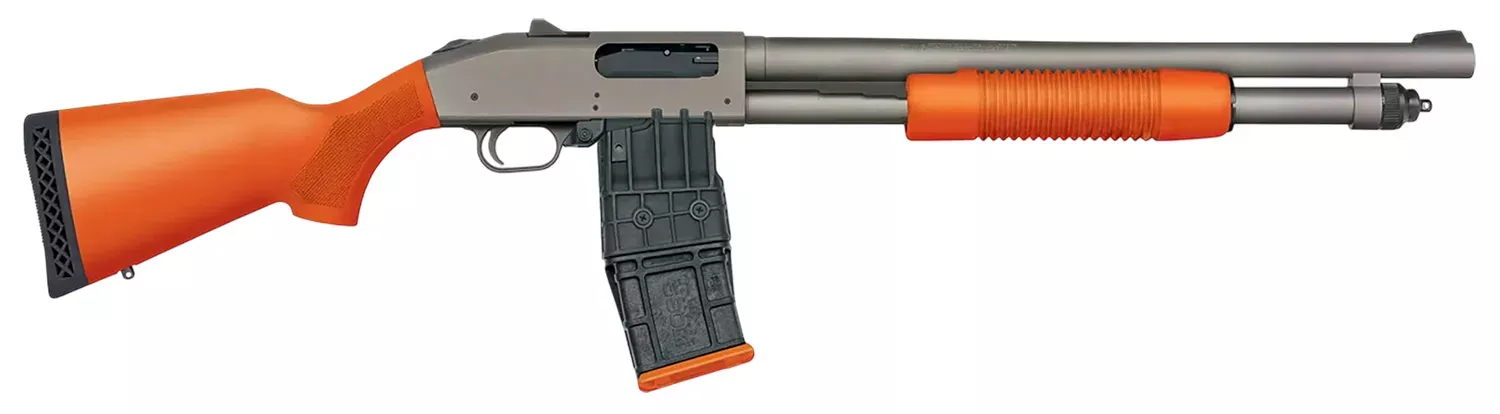 Mossberg 50220 590M 12 Gauge 10+1 18.50″ Tungsten Gray Cerakote Barrel & Steel Drilled & Tapped Receiver, Magpul SGA Safety Orange Synthetic Stock