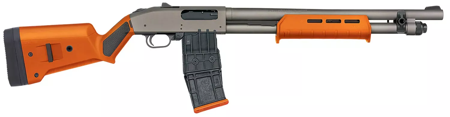 Mossberg 50222 590M 12 Gauge 10+1 18.50″ Tungsten Gray Cerakote Barrel & Steel Drilled & Tapped Receiver, Magpul SGA Safety Orange Synthetic Stock