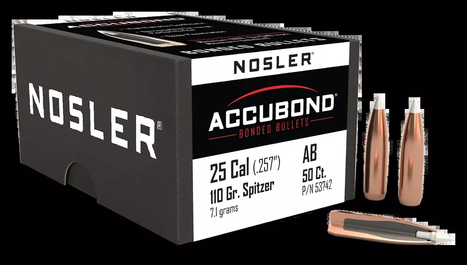 Nosler AccuBond 25 Caliber 110 Grain Spitzer Boat Tail Bullets - 50 Count