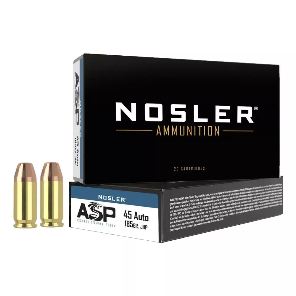 Nosler ASP Handgun Ammo .45 ACP 185 Grain JHP 915 fps 50/ct