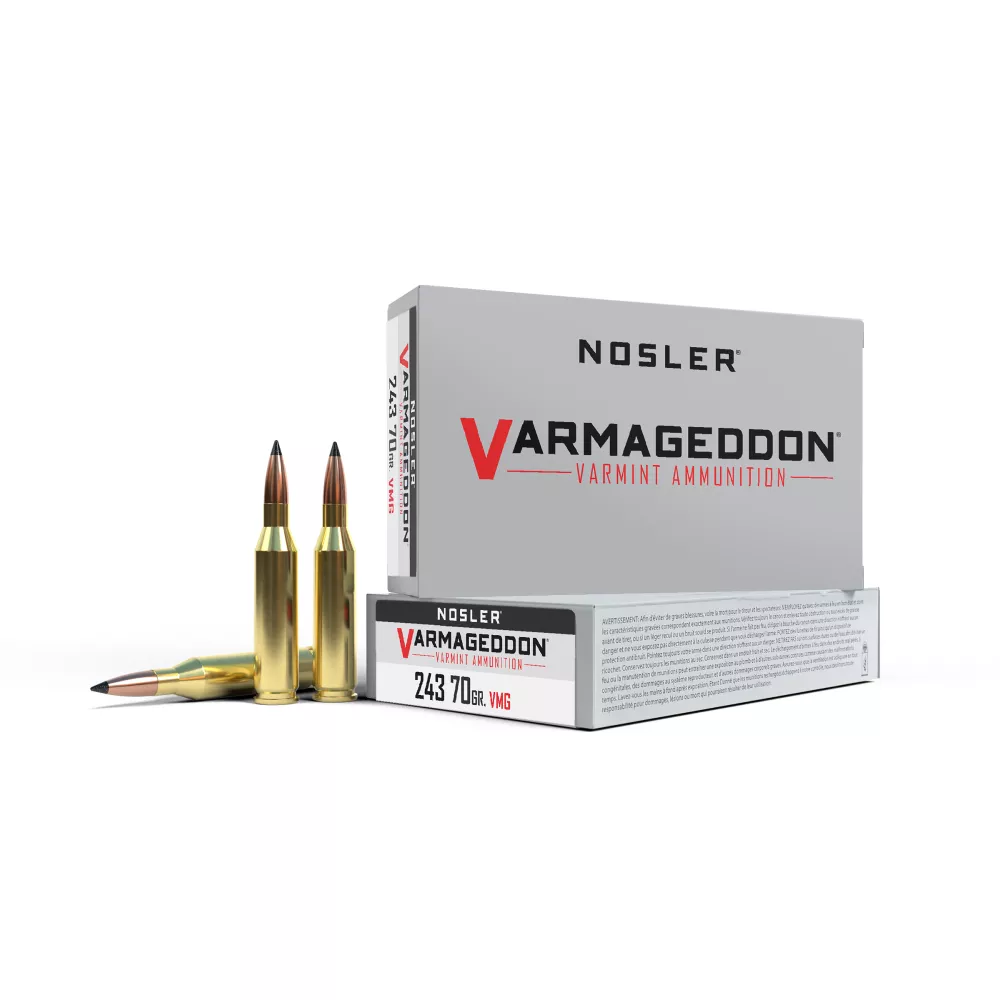 Nosler Varmegeddon Rifle Ammunition .243 Win 70 Grain PT 3500 fps 20/ct