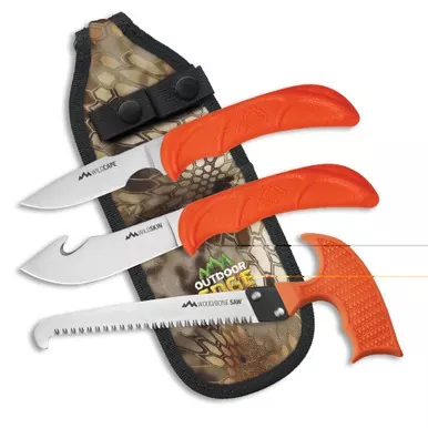 Outdoor Edge Wild Guide | Fixed Blade Knife Set | Plain Edge | 420J2 Stainless Steel | Orange Handle | Includes (1) Caper Knife | (1) Skinner Knife | (1) Bone Saw | and Nylon Sheath | WG-10C