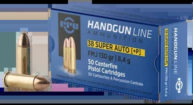 PPU .38 Super Auto +P Ammunition 130 Grain FMJ Box of 50