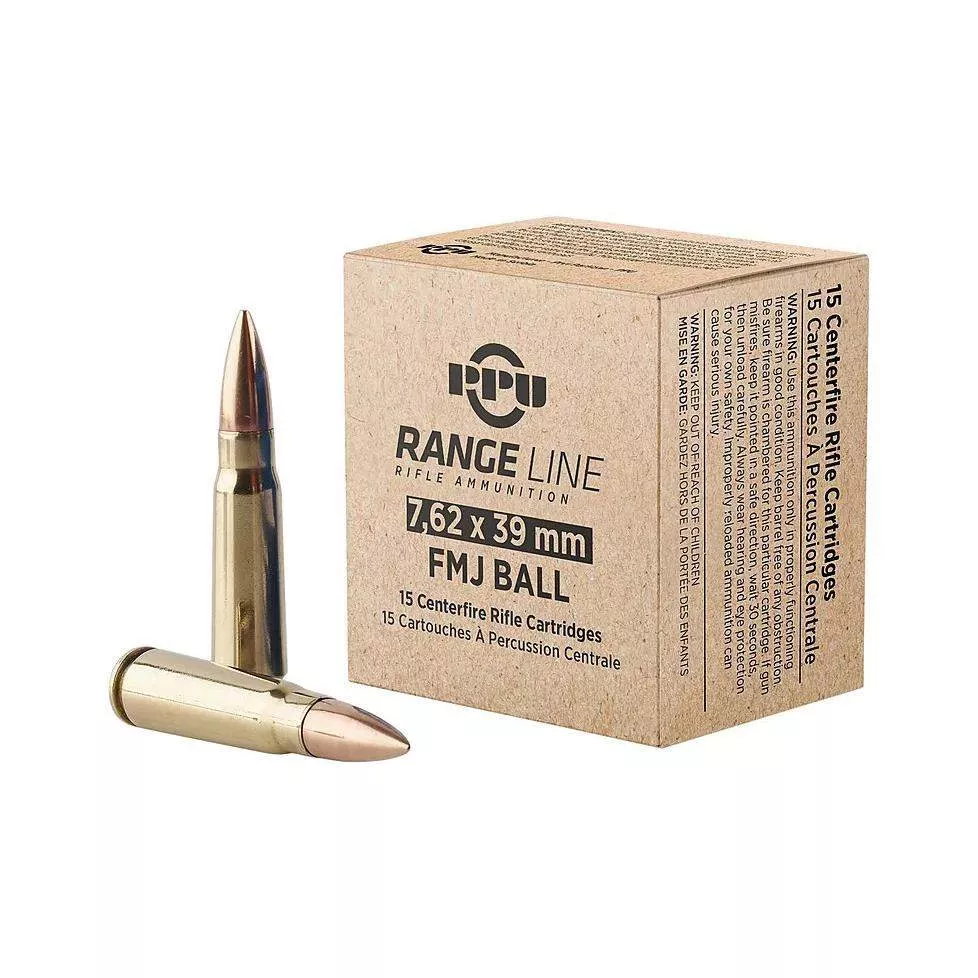 PPU Rangeline Ammunition 7.62×39 123gr FMJ 2350 fps 15/ct