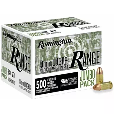 Remington Range Handgun Ammo 9mm Luger 115 Grain FMJ 500 Rounds