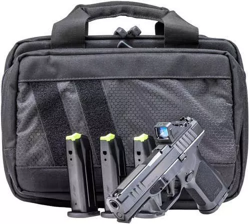 Rost Martin RM1C Bundle *CA Compliant Compact 9mm Luger 10+1 4" Black Match Grade Barrel, Black Nitron Steel Serrated w/Optic Slide, Stone Gray Polymer Frame w/Picatinny Rail, Textured Grip, Viridian RFX-11 Green Dot, Ambidextrous