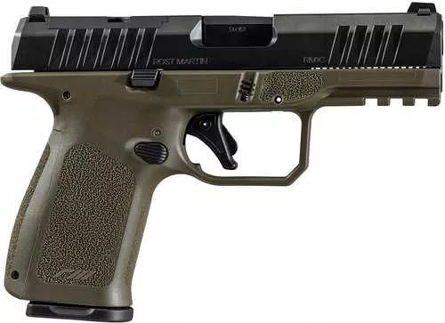 Rost Martin RM1C *CA Compliant Compact 9mm Luger 10+1 4" Black Match Grade Barrel, Black Nitron Steel Serrated w/Optic Slide, OD Green Polymer Frame w/Picatinny Rail, Interchangeable Backstraps Grip