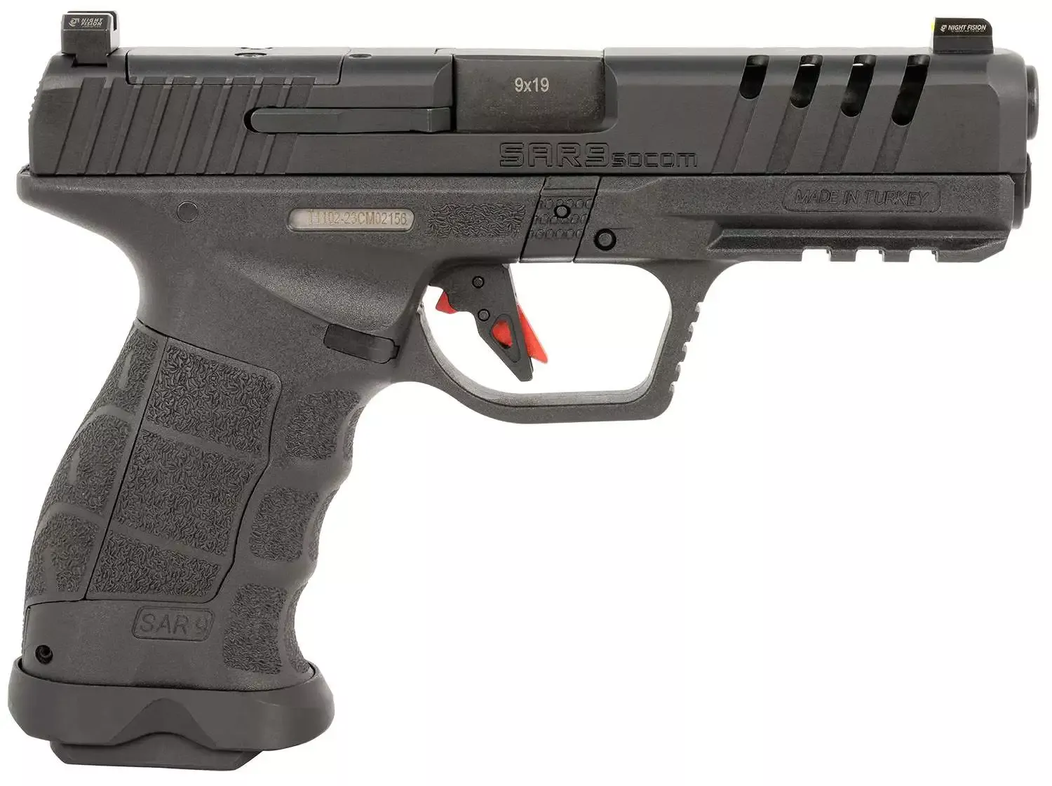 Sar SAR9 Socom Hga 9mm 5.2 In Threaded Bbl Optic Ready 3 Dot Night Sights Black 1/17 1/21RD MAG