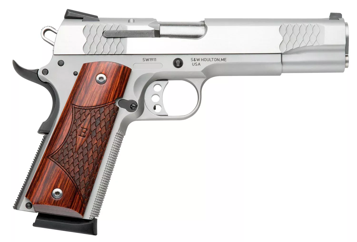 Smith & Wesson 108482 1911 E-Series Serrated Frame 45 ACP 8+1 5″ Stainless Steel Barrel, Satin Stainless Serrated Slide & Frame w/Beavertail, Laminate Wood Grip