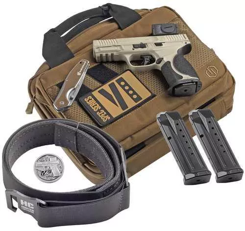 Smith & Wesson M&P9 M2.0 Spec VI Bundle 9mm Luger 15+1 4" Black Armornite Ported Barrel, Champagne Cerakote Stainless Steel Ported/Serrated w/Optic Slide & Aluminum Frame w/Picatinny Rail, Interchangeable Palmswell Grip, Aimpoint Acro P-2 Red Dot