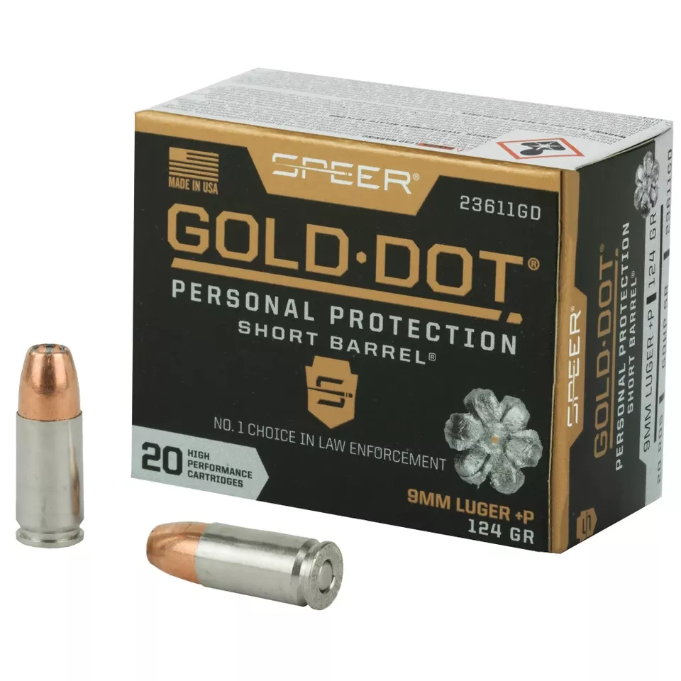Speer Gold Dot 9mm+P 124 Grain Hollow Point Short Barrel, 20 Rounds per Box, 200 Rounds per Case