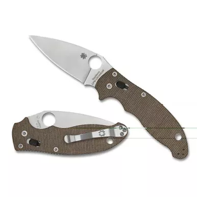 Spyderco MANIX 2 | Folding Knife | Plain Edge | Brown Canvas Micarta Handle | Satin Finish | Silver | 3.37″ Blade Length | CPM CRU-WEAR Steel | C101MPCW2