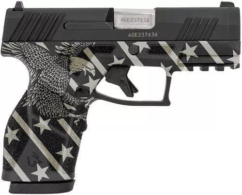 Taurus GX2 Compact Frame Pistol 9mm Luger 10+1 3.38" Stainless Steel Barrel, Matte Black Serrated Alloy Steel Slide, Black w/Eagle, Stars & Stripes Polymer Frame w/Accessory Rail