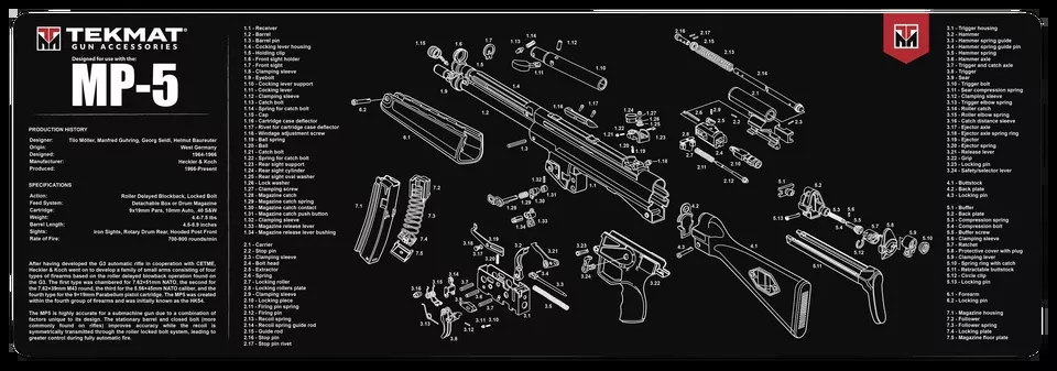 TekMat MP5 Cleaning Mat with Parts Diagram - 12x36 Rubber