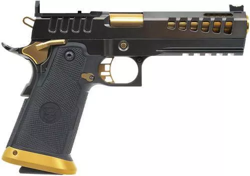 Watchtower Firearms Demolitia Elite Package Full Size Frame Pistol 9mm Luger 20+1 5" Gold Plated PVD Ported Barrel, Graphite PVD Optic Cut/Serrated Steel Slide, Graphite PVD Frame, Black Textured Grip