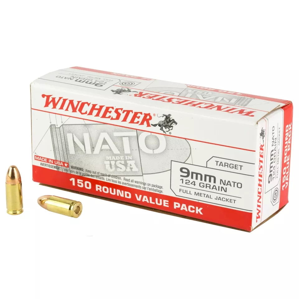 Winchester USA 9mm NATO 124 Grain FMJ Ammunition - 150 Rounds/750 Rounds